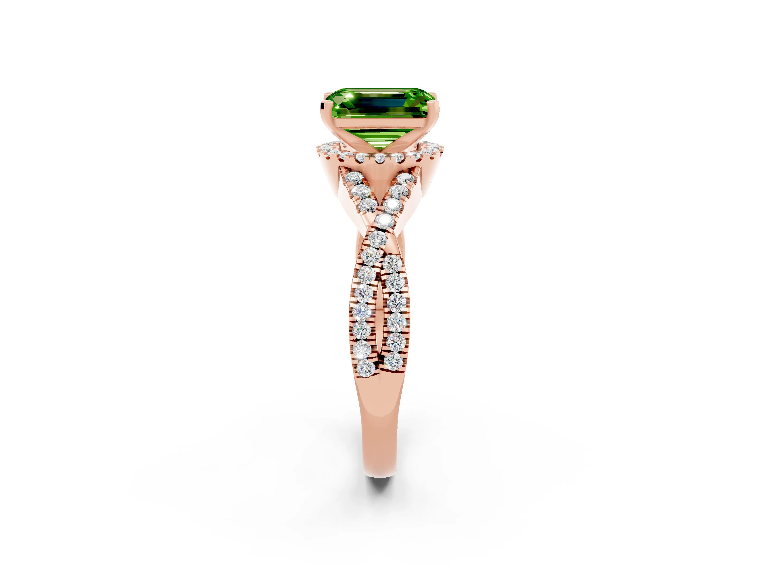 Rose gold Emerald Cut Peridot Halo Twist Band Solitaire Prong Setting Ring_2