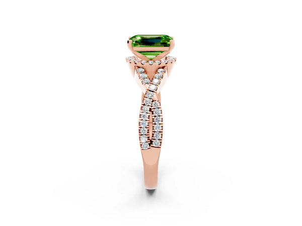 Rose gold Emerald Cut Peridot  Halo Twist Band Solitaire Prong Setting Ring