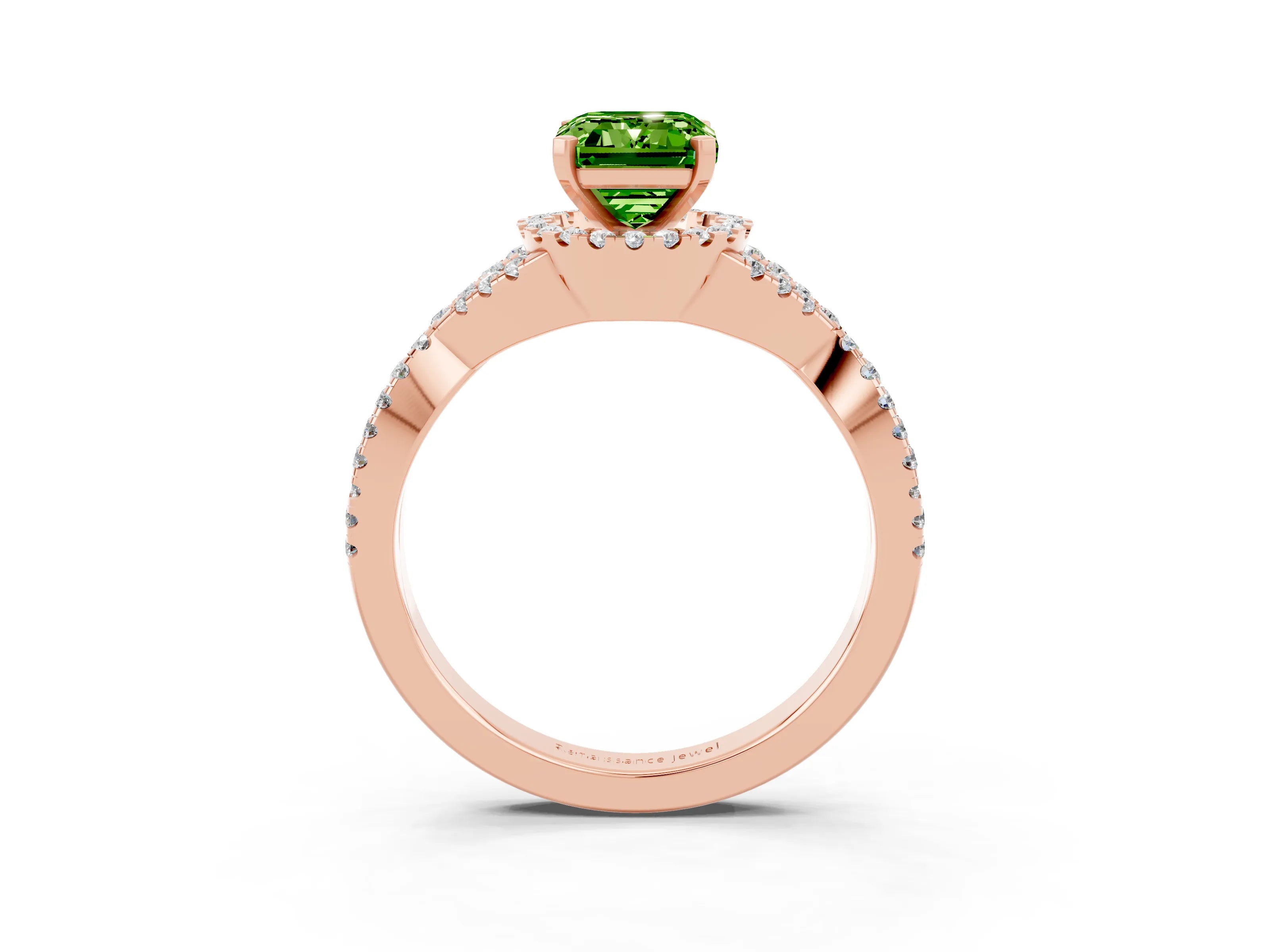 Rose gold Emerald Cut Peridot Halo Twist Band Solitaire Prong Setting Ring_3