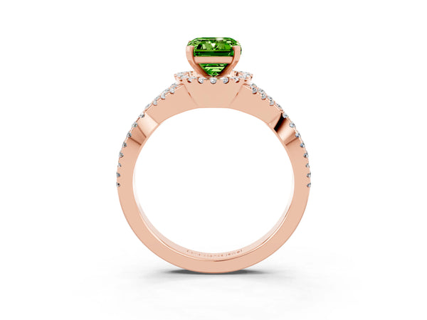 Rose gold Emerald Cut Peridot  Halo Twist Band Solitaire Prong Setting Ring