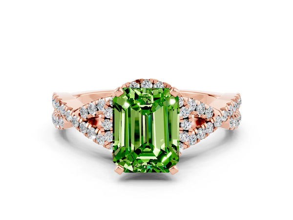 Rose gold Emerald Cut Peridot  Halo Twist Band Solitaire Prong Setting Ring
