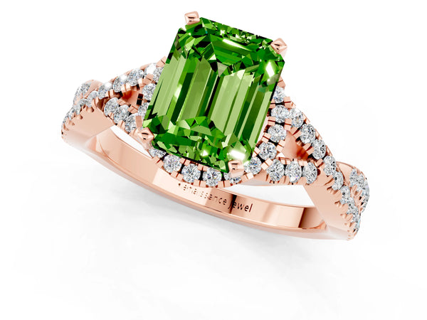 Rose gold Emerald Cut Peridot  Halo Twist Band Solitaire Prong Setting Ring
