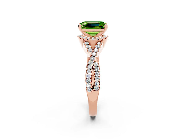 Rose gold Emerald Cut Peridot  Halo Twist Band Solitaire Prong Setting Ring