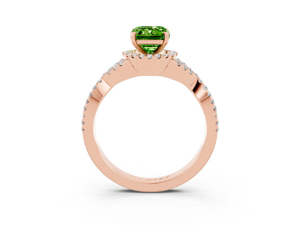 Rose gold Emerald Cut Peridot  Halo Twist Band Solitaire Prong Setting Ring