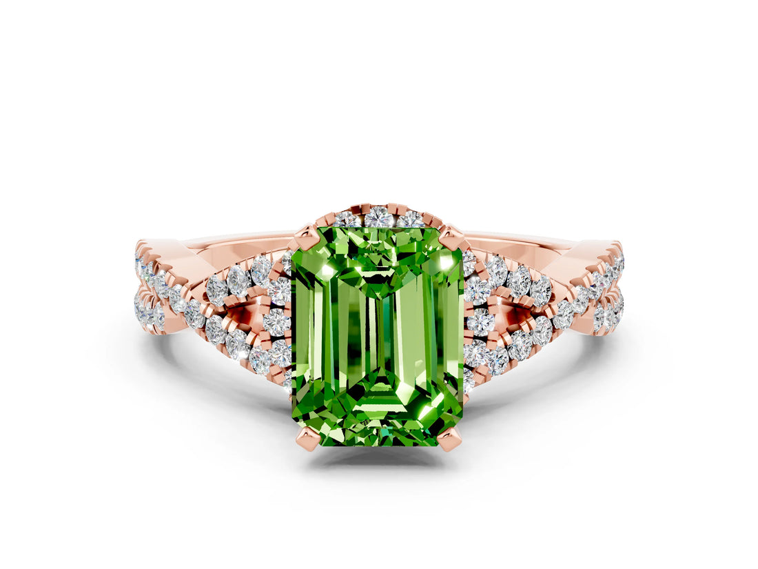Rose gold Emerald Cut Peridot  Halo Twist Band Solitaire Prong Setting Ring_54