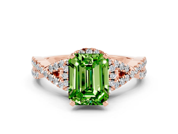 Rose gold Emerald Cut Peridot  Halo Twist Band Solitaire Prong Setting Ring