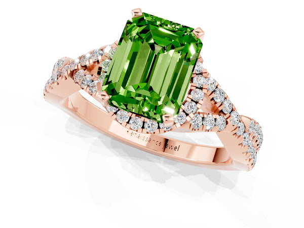 Rose gold Emerald Cut Peridot  Halo Twist Band Solitaire Prong Setting Ring