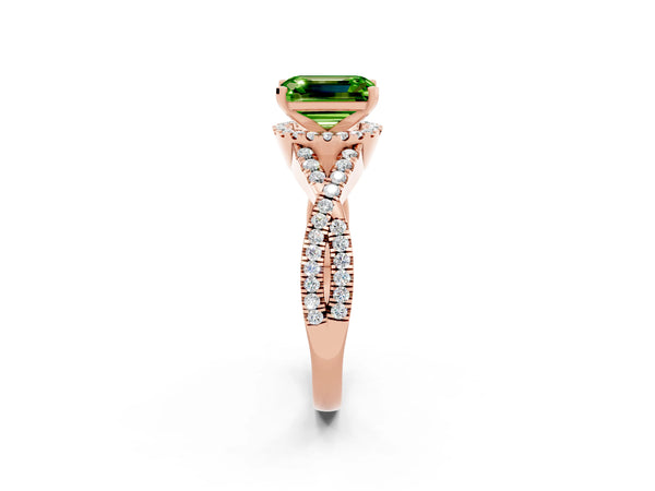 Rose gold Emerald Cut Peridot  Halo Twist Band Solitaire Prong Setting Ring