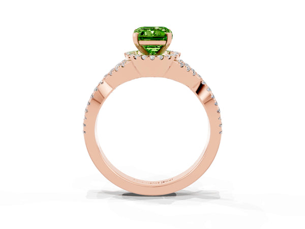 Rose gold Emerald Cut Peridot  Halo Twist Band Solitaire Prong Setting Ring
