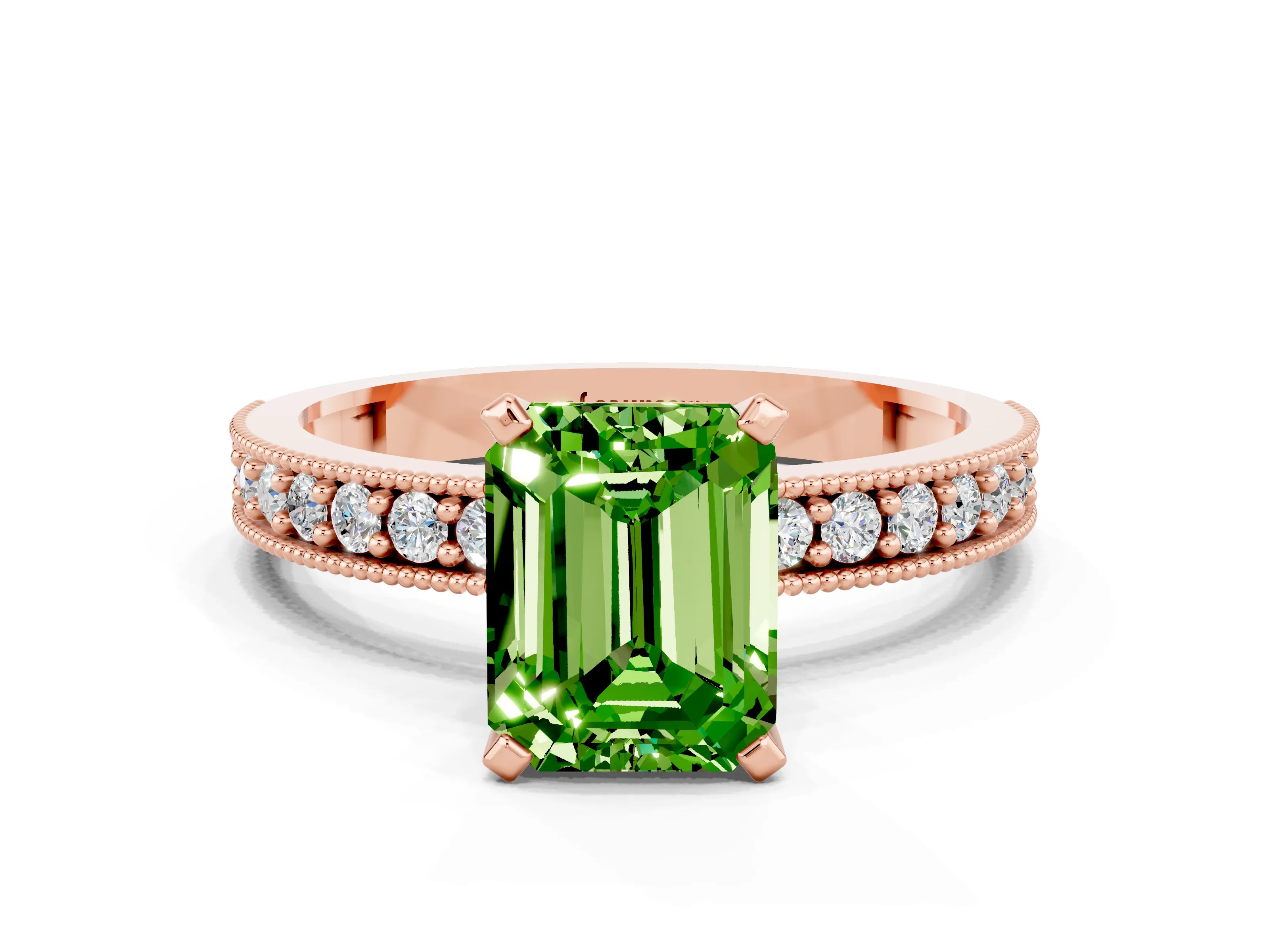 Rose gold Emerald Cut Peridot Milgrain Pavé Engagement Ring with Four-Prong Setting_12