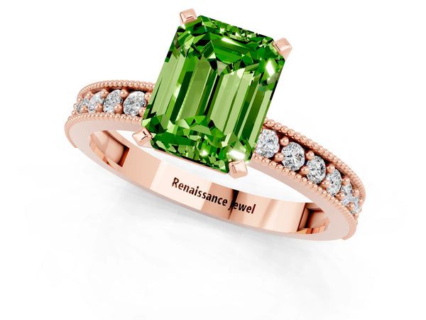 Rose gold Emerald Cut Peridot Milgrain Pavé Engagement Ring with Four-Prong Setting