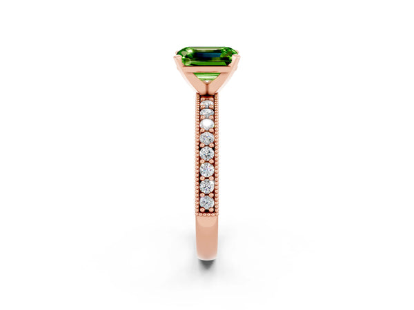 Rose gold Emerald Cut Peridot Milgrain Pavé Engagement Ring with Four-Prong Setting