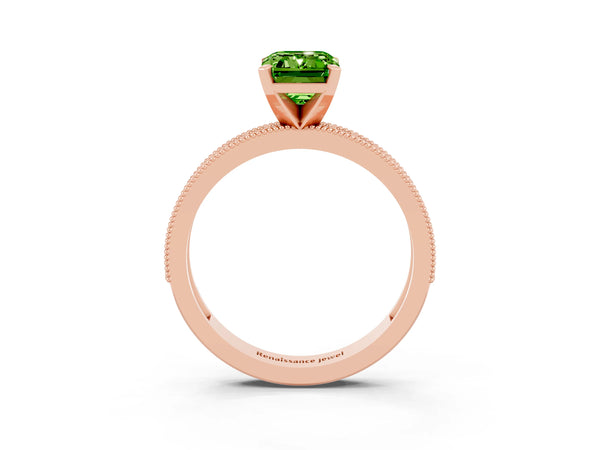 Rose gold Emerald Cut Peridot Milgrain Pavé Engagement Ring with Four-Prong Setting
