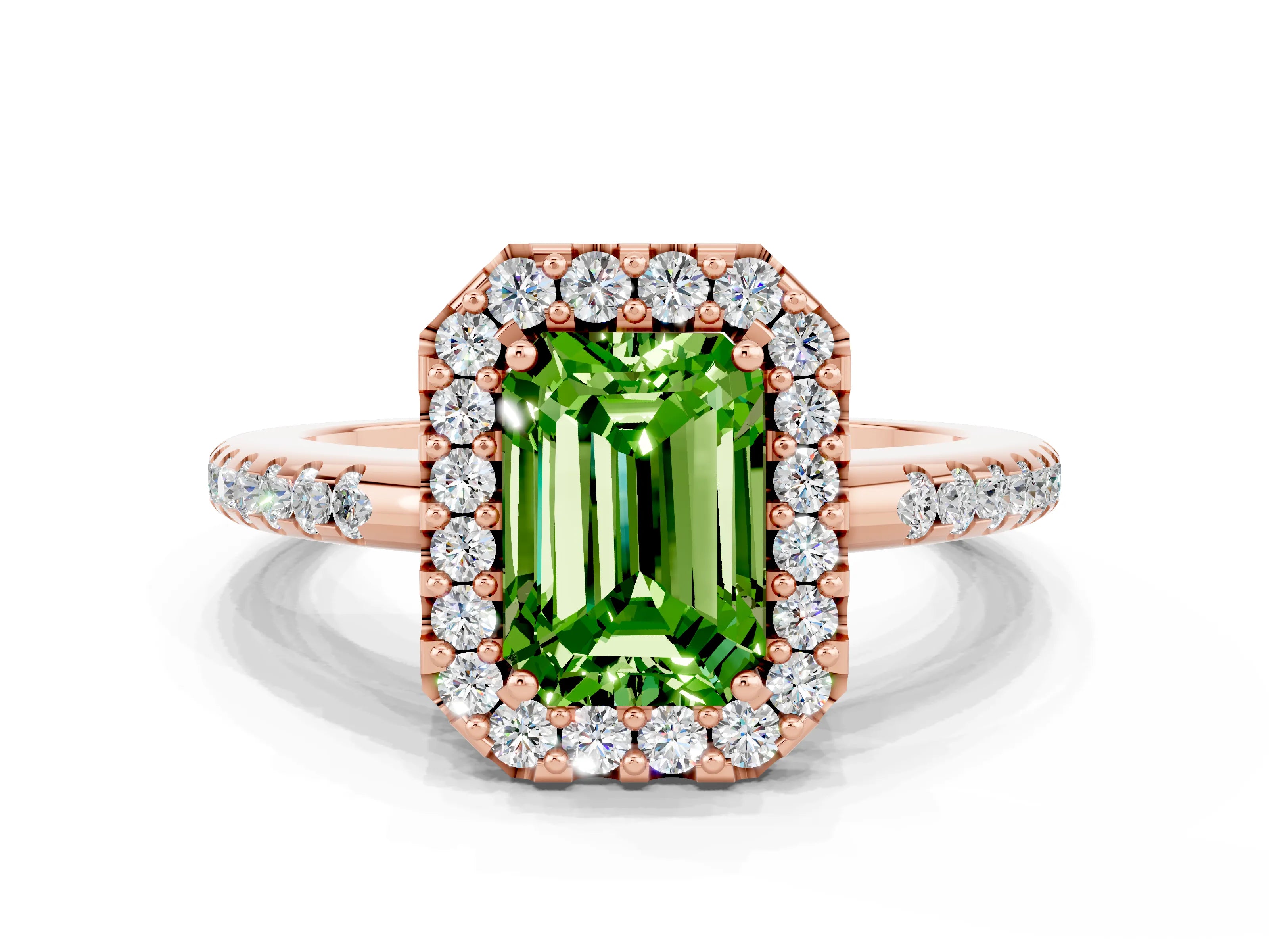 Rose gold Emerald Cut Peridot Pavé Halo Ring with Four-Prong Setting_12