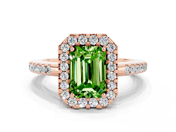Rose gold Emerald Cut Peridot Pavé Halo Ring with Four-Prong Setting