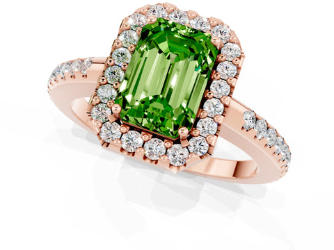 Rose gold Emerald Cut Peridot Pavé Halo Ring with Four-Prong Setting_13