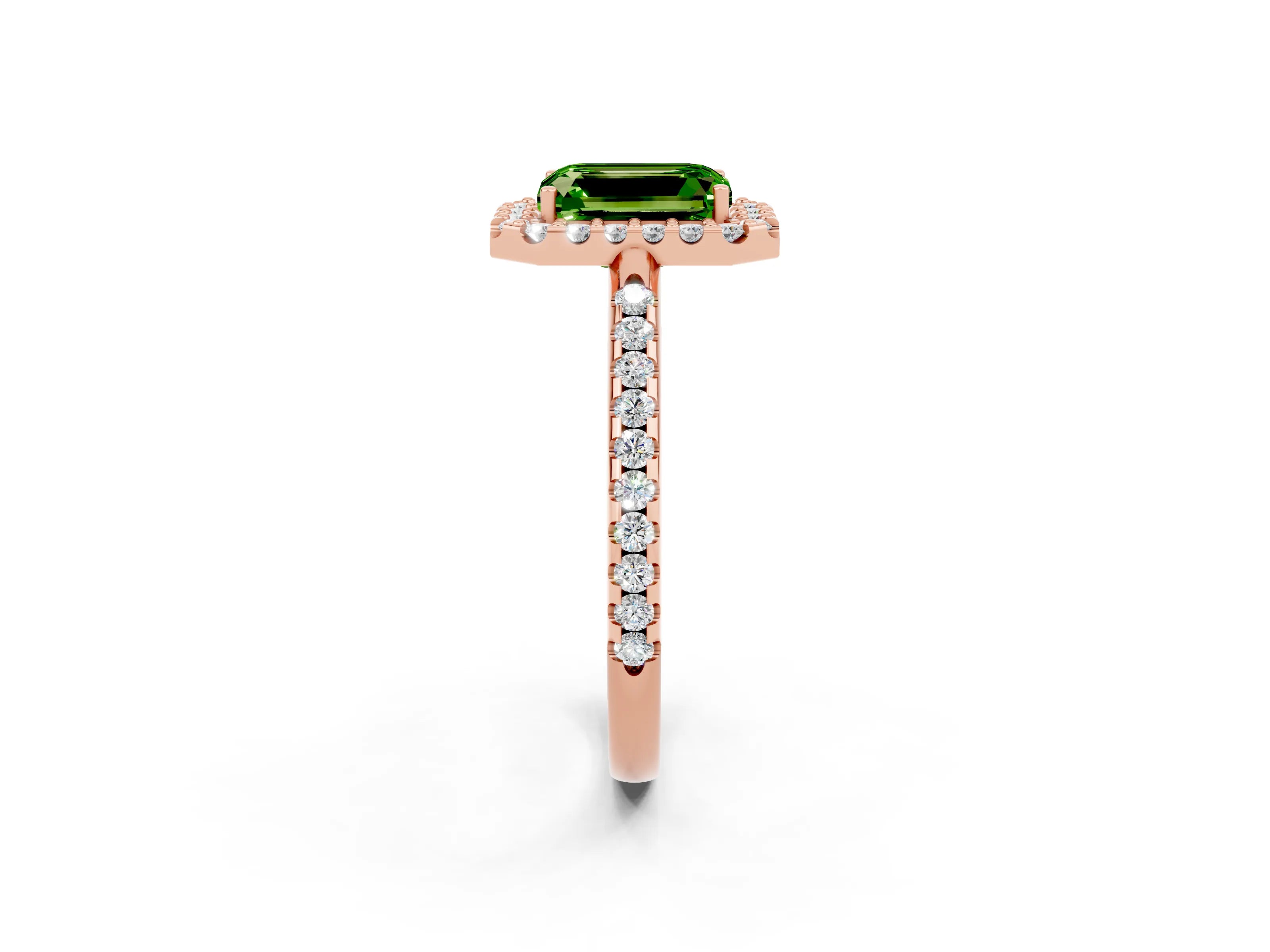 Rose gold Emerald Cut Peridot Pavé Halo Ring with Four-Prong Setting_14