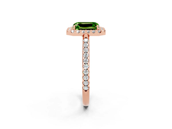 Rose gold Emerald Cut Peridot Pavé Halo Ring with Four-Prong Setting
