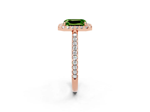 Rose gold Emerald Cut Peridot Pavé Halo Ring with Four-Prong Setting_14