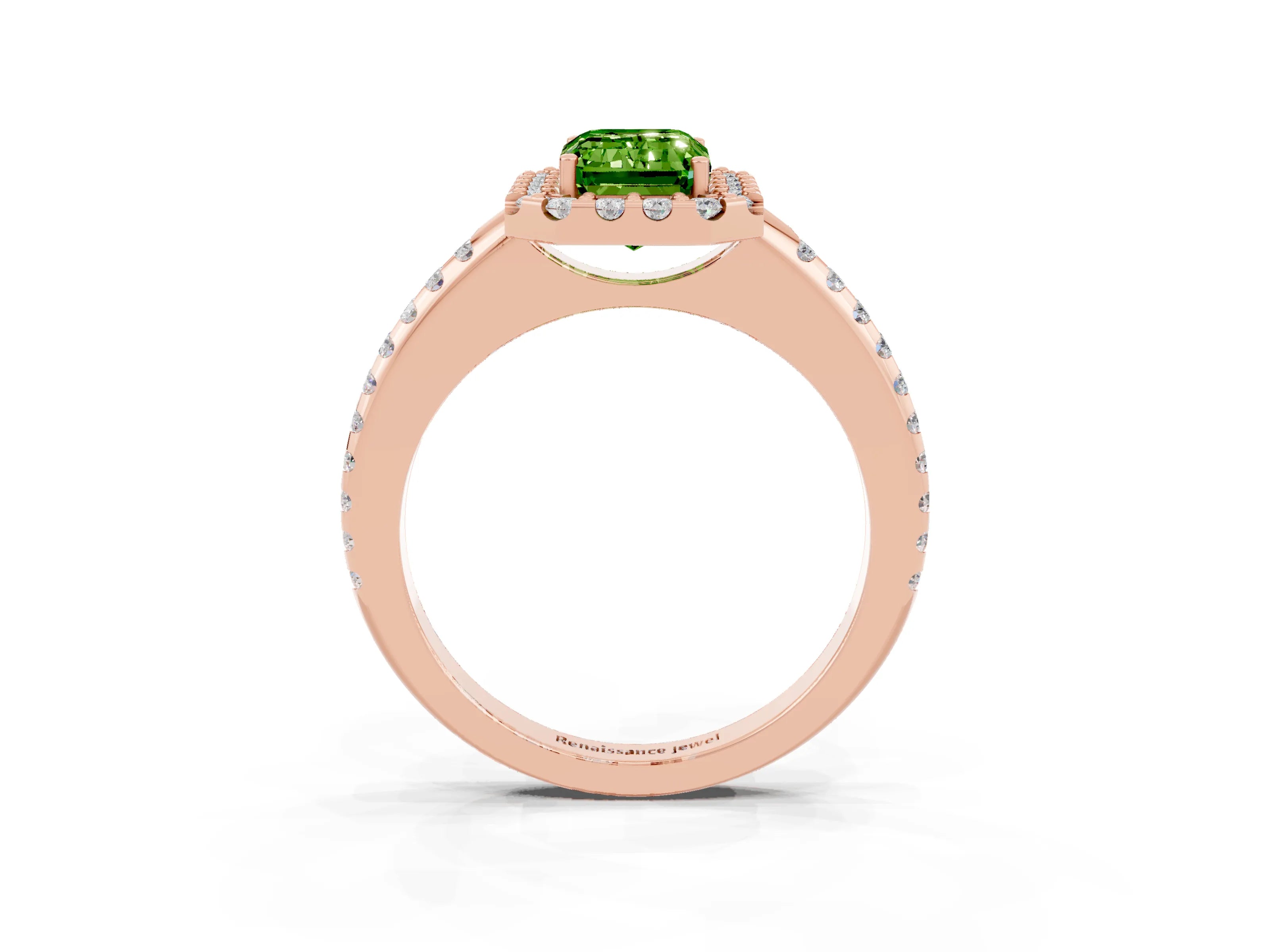 Rose gold Emerald Cut Peridot Pavé Halo Ring with Four-Prong Setting_15