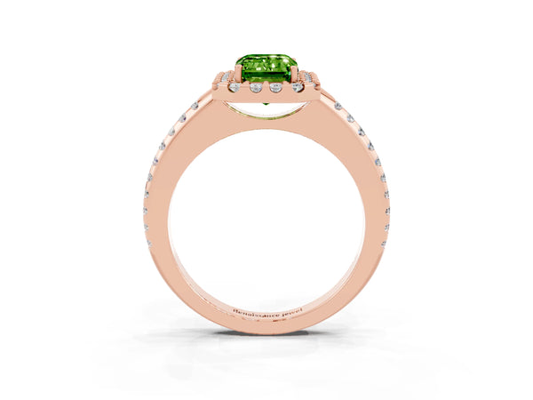 Rose gold Emerald Cut Peridot Pavé Halo Ring with Four-Prong Setting