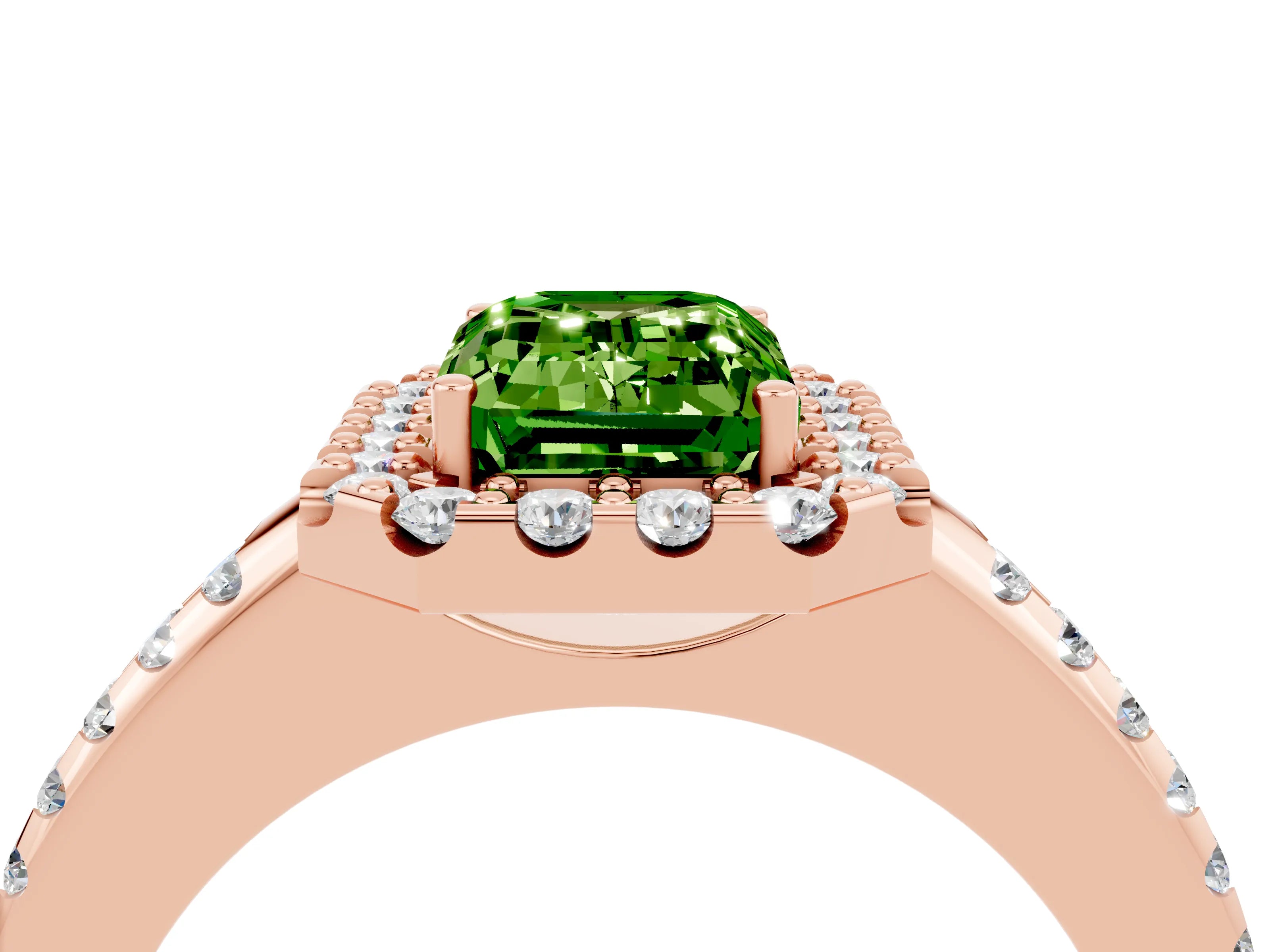 Rose gold Emerald Cut Peridot Pavé Halo Ring with Four-Prong Setting_16