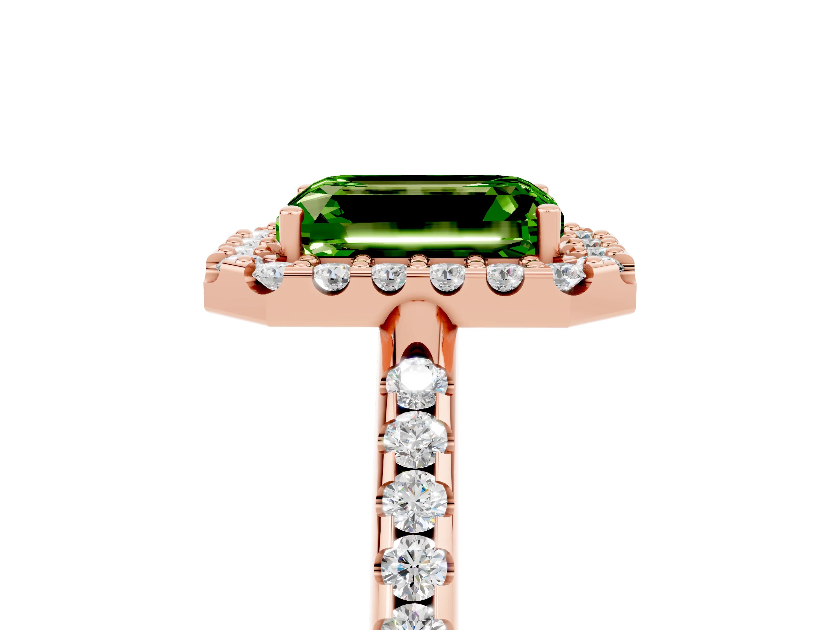 Rose gold Emerald Cut Peridot Pavé Halo Ring with Four-Prong Setting_17