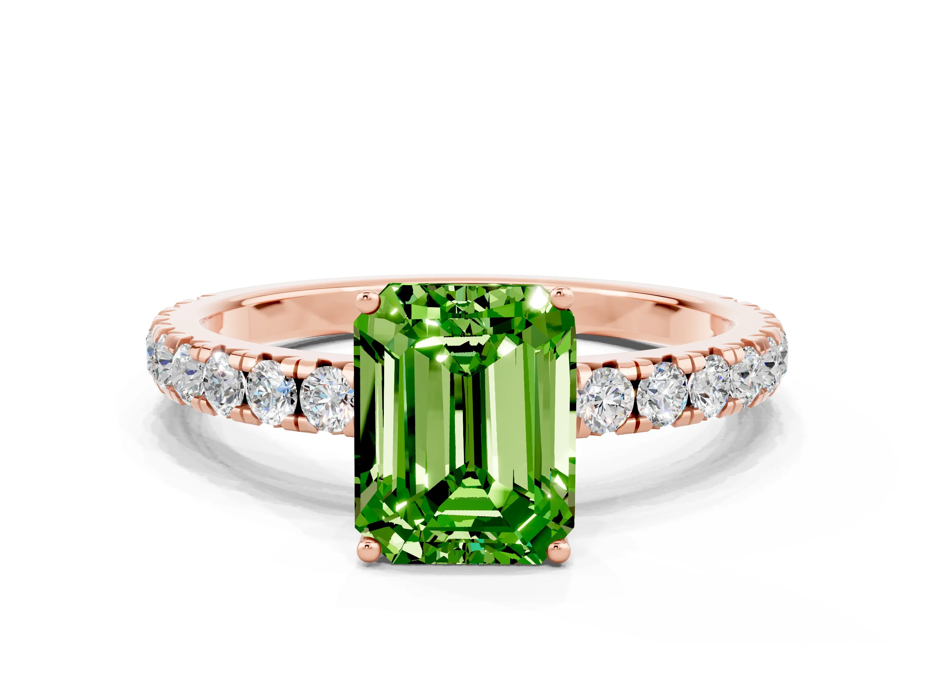 Rose gold Emerald Cut Peridot Pavé Solitaire Engagement Ring with Four-Prong Setting_12
