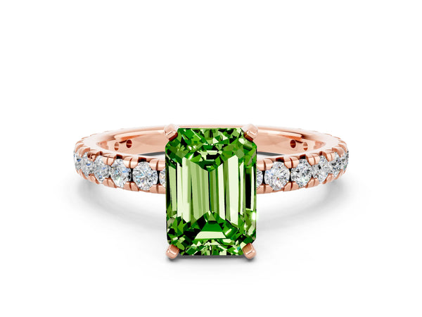 Rose gold Emerald Cut Peridot Pavé Solitaire Ring with Round Band and Prong Setting