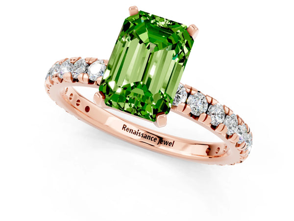 Rose gold Emerald Cut Peridot Pavé Solitaire Ring with Round Band and Prong Setting