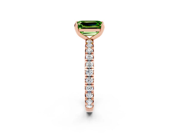 Rose gold Emerald Cut Peridot Pavé Solitaire Ring with Round Band and Prong Setting
