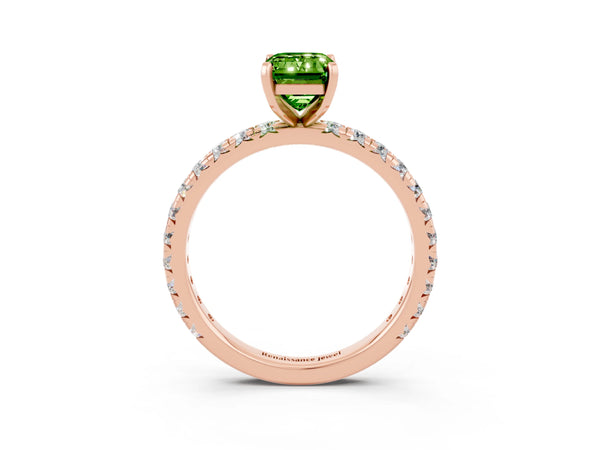 Rose gold Emerald Cut Peridot Pavé Solitaire Ring with Round Band and Prong Setting