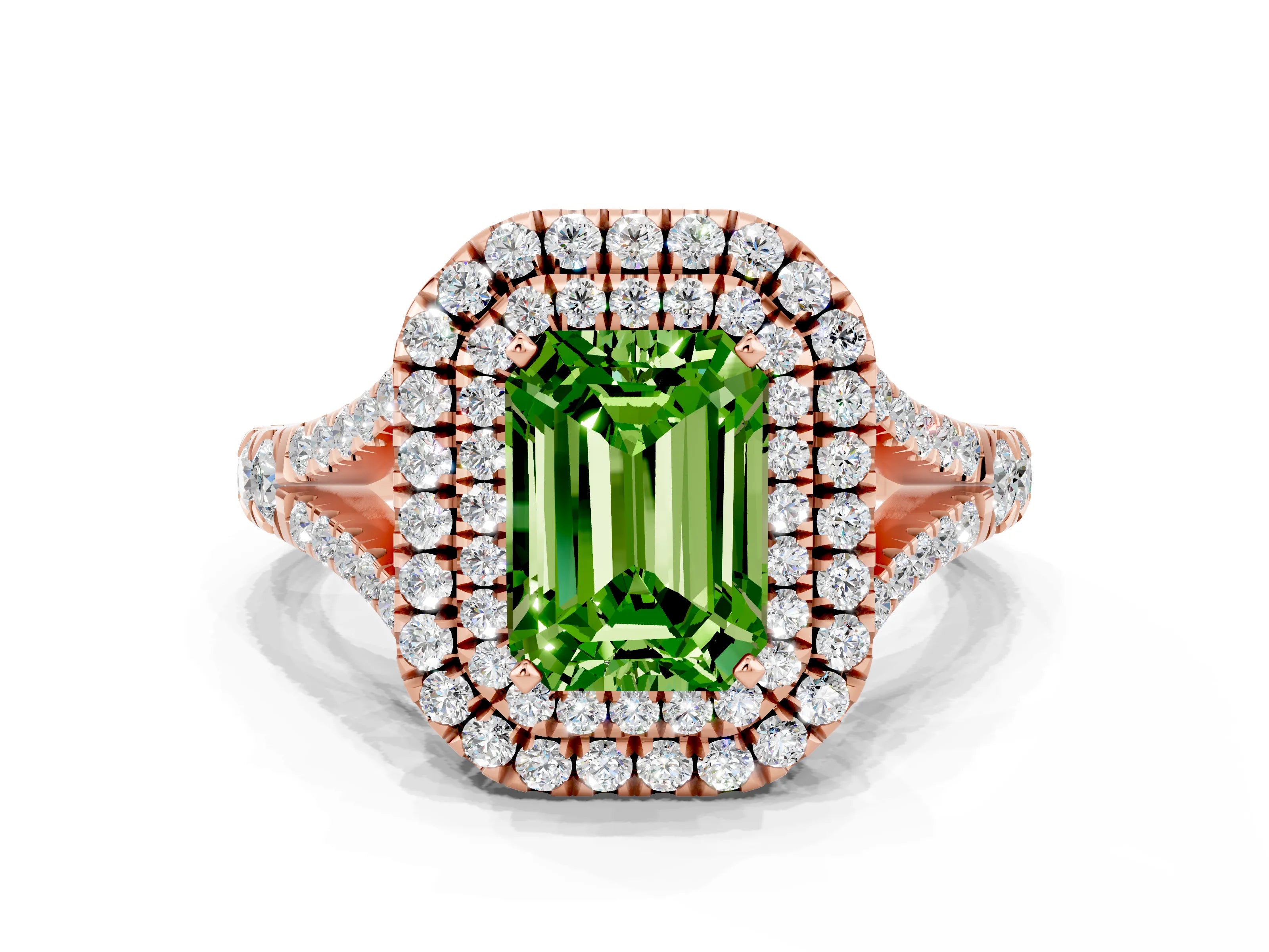 Rose gold Emerald Cut Peridot Pavé Split Shank Double Halo Engagement Ring