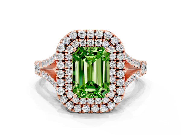 Rose gold Emerald Cut Peridot Pavé Split Shank Double Halo Engagement Ring