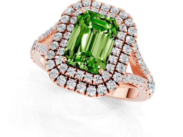 Rose gold Emerald Cut Peridot Pavé Split Shank Double Halo Engagement Ring
