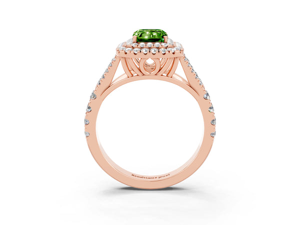 Rose gold Emerald Cut Peridot Pavé Split Shank Double Halo Engagement Ring