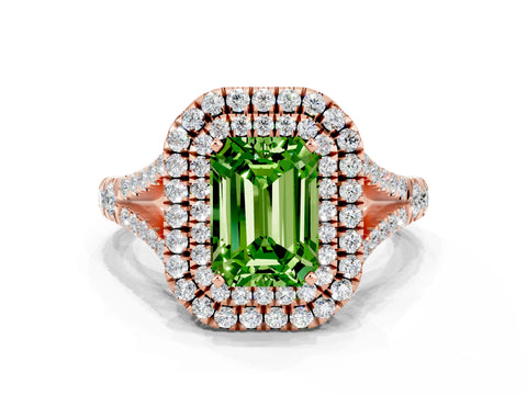 Rose gold Emerald Cut Peridot Pavé Split Shank Double Halo Engagement Ring