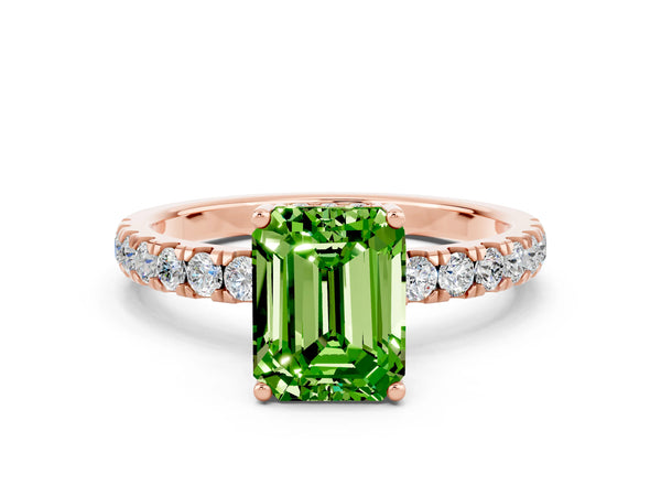 Rose gold Emerald Cut Peridot Pave Band Solitaire Ring with Round  and Prong Setting