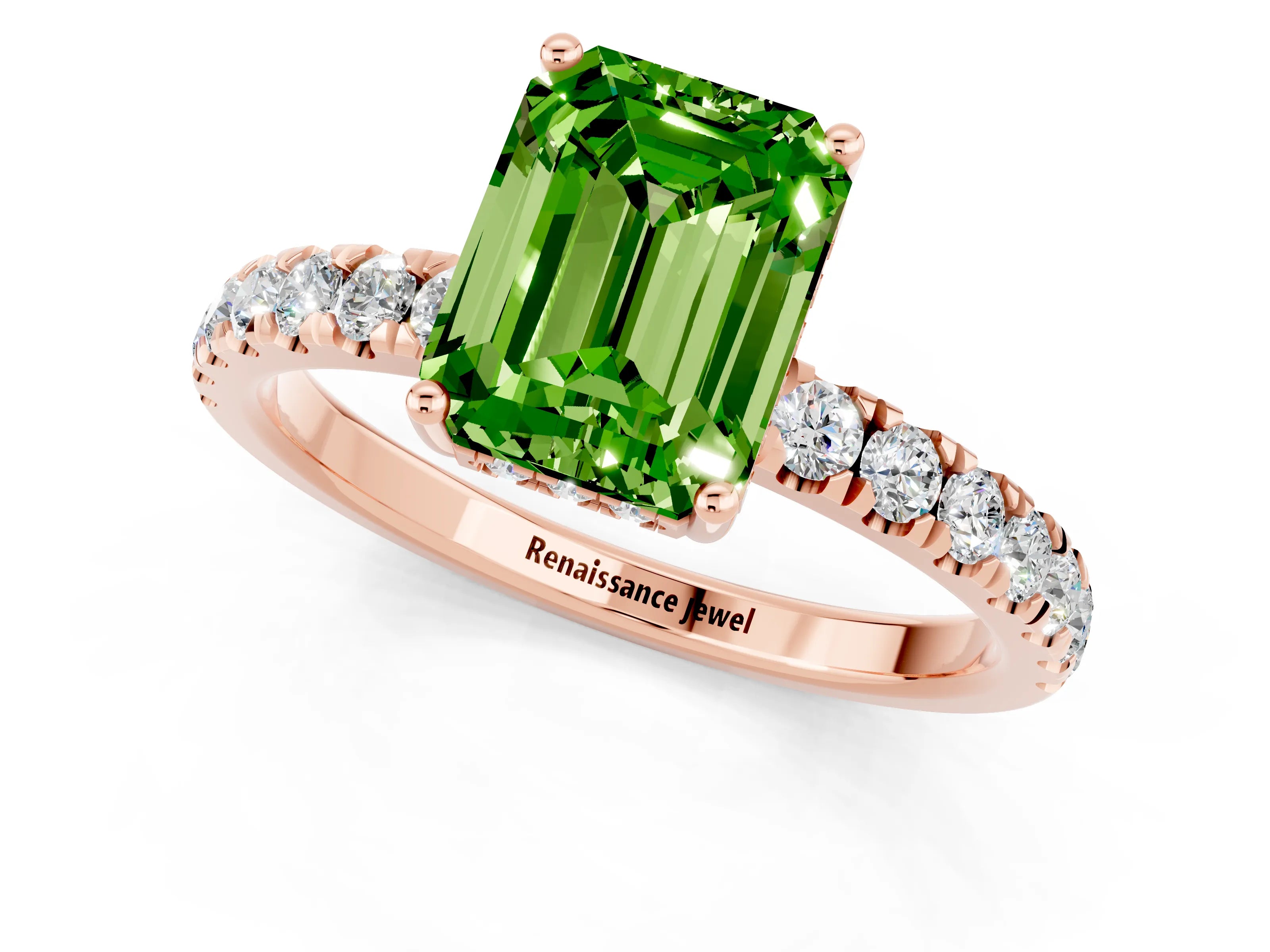 Rose gold Emerald Cut Peridot Pave Band Solitaire Ring with Four-Prong Setting_25