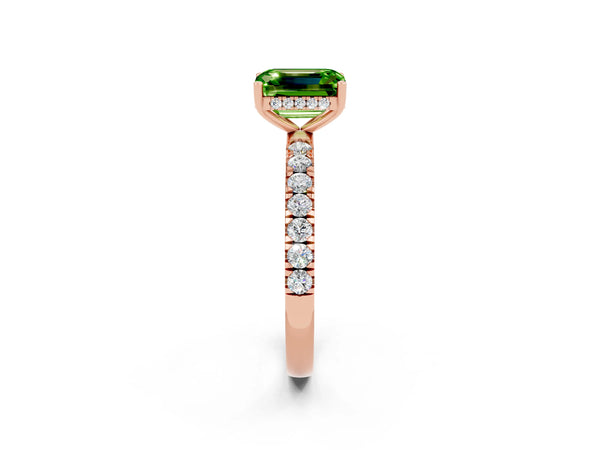 Rose gold Emerald Cut Peridot Pave Band Solitaire Ring with Round  and Prong Setting