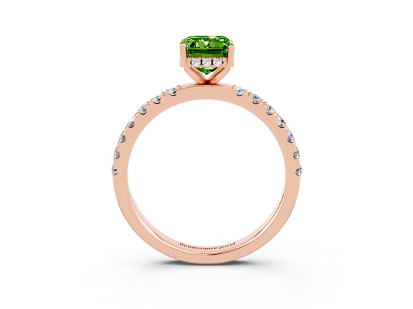 Rose gold Emerald Cut Peridot Pave Band Solitaire Ring with Round  and Prong Setting