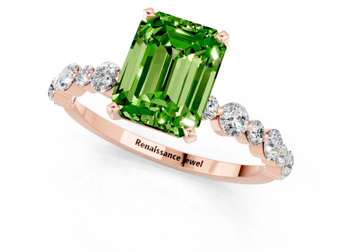 Rose gold Emerald Cut Peridot Prong Set Engagement Ring with Pavé Band_1