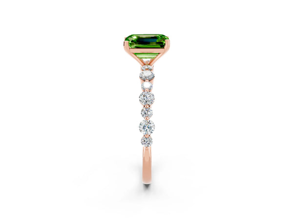 Rose gold Emerald Cut Peridot Prong Set Engagement Ring with Pavé Band