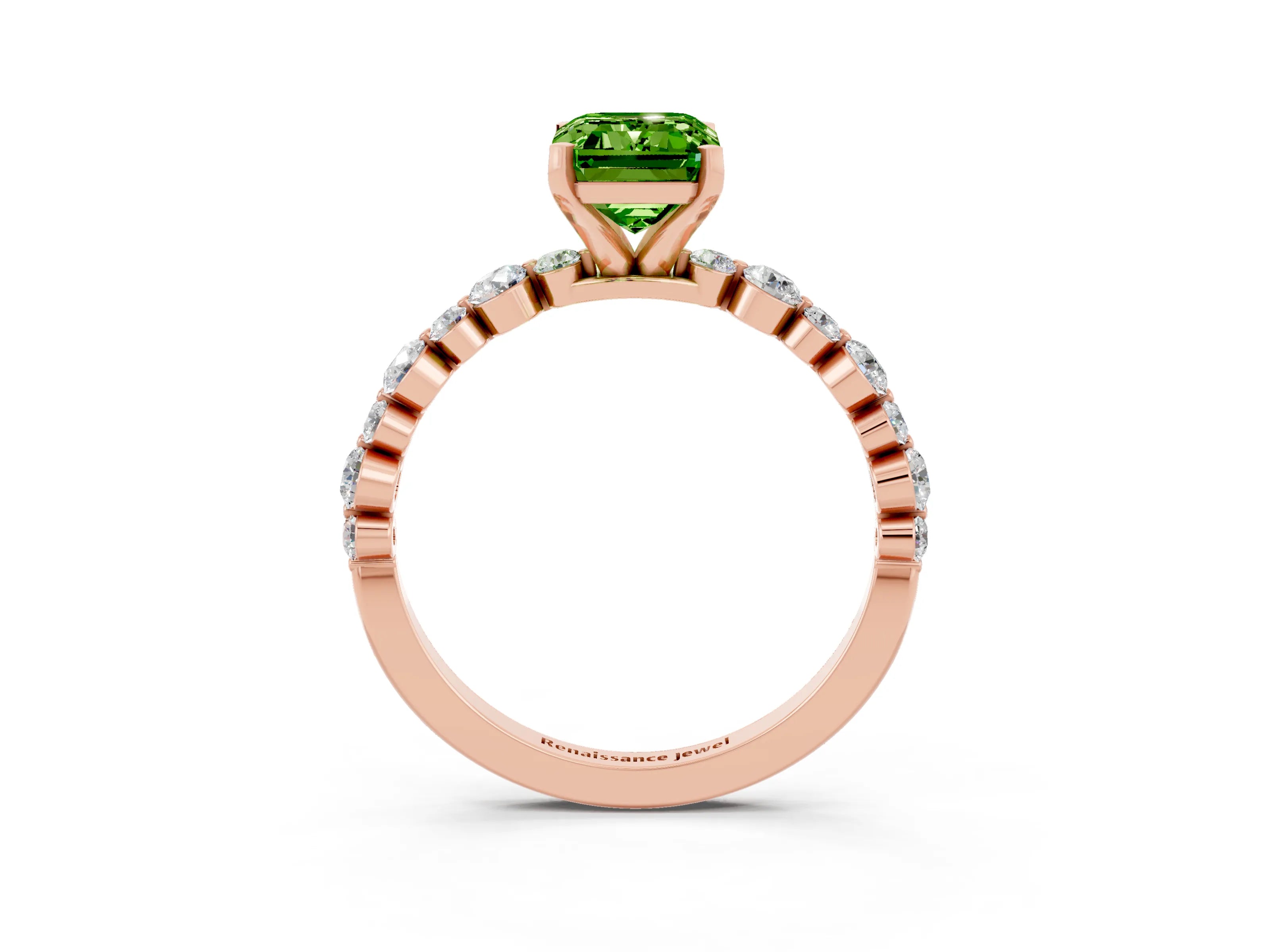 Rose gold Emerald Cut Peridot Prong Set Engagement Ring with Pavé Band_3