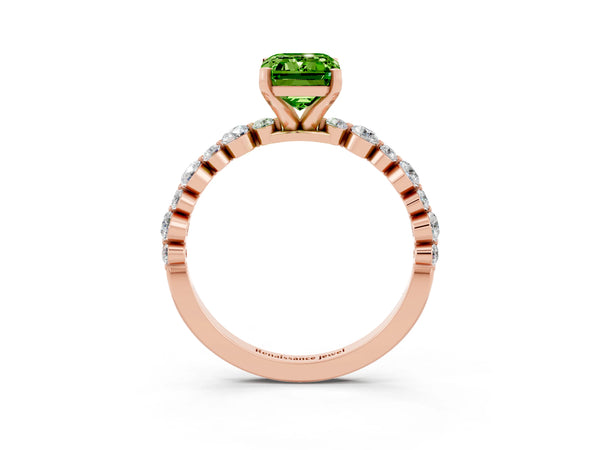 Rose gold Emerald Cut Peridot Prong Set Engagement Ring with Pavé Band