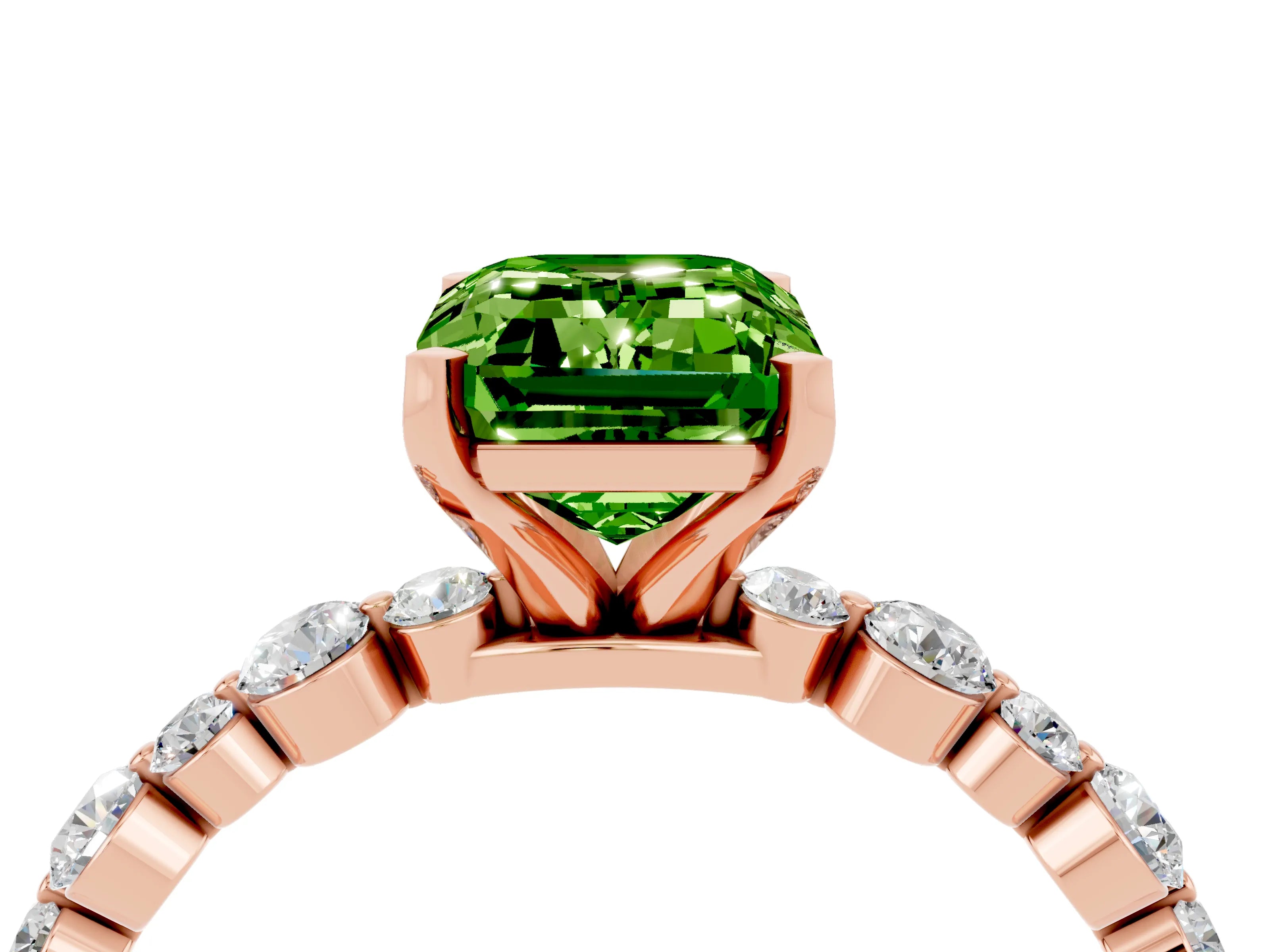 Rose gold Emerald Cut Peridot Prong Set Engagement Ring with Pavé Band_4