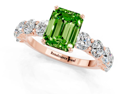 Rose gold Emerald Cut Peridot Prong Setting with Side Stones on a Pave Band_1