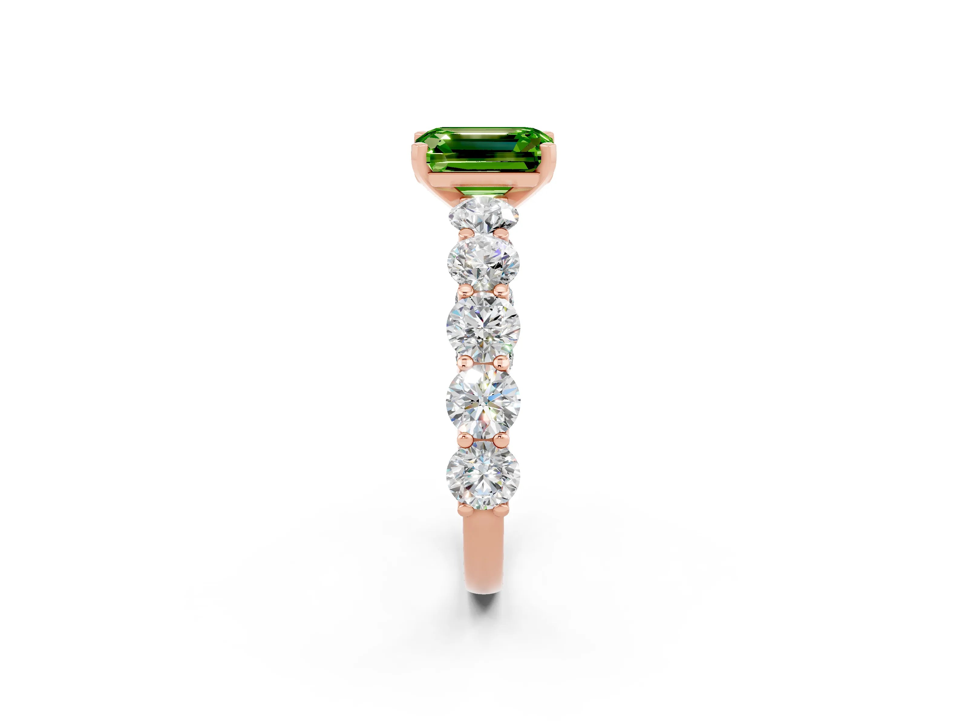 Rose gold Emerald Cut Peridot Prong Setting with Side Stones on a Pave Band_2