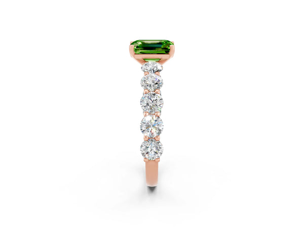 Rose gold Emerald Cut Peridot Prong Setting with Side Stones on a Pave Band