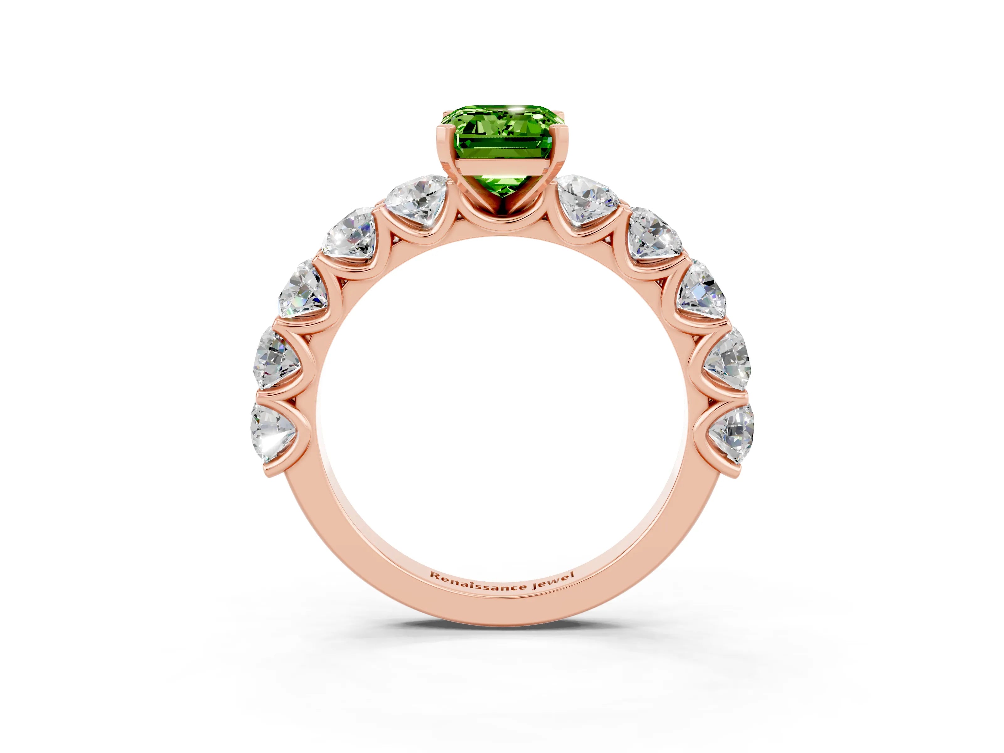 Rose gold Emerald Cut Peridot Prong Setting with Side Stones on a Pave Band_3